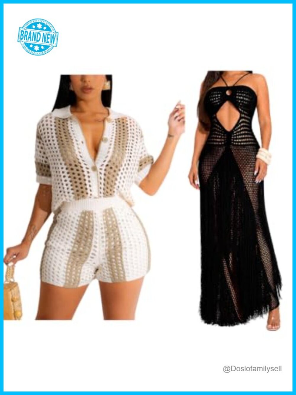 Crochet 2 Piece Short Set with Maxi Cover Up Dress Vacation Beach Resort Wear